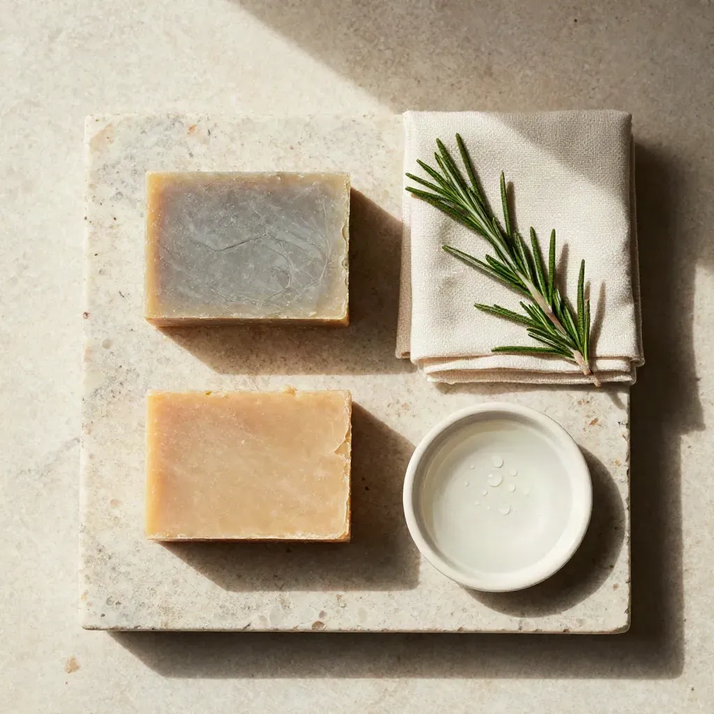 Overhead flatlay of rosemary soap bars with muslin, wet leaves, and a small dish.