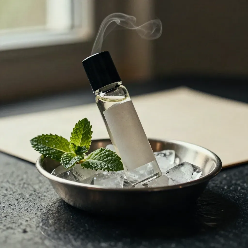 Peppermint oil roll bottle in ice and mint stems, open cap, vapor rising in a steel dish.